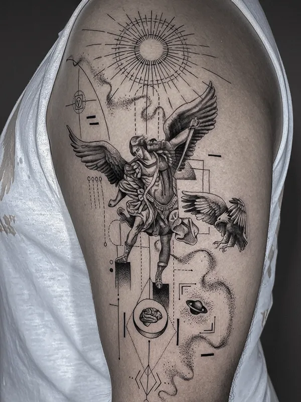 Archangel Saint Michael tattoo done by Colombian tattoo artist Clayton Goethe