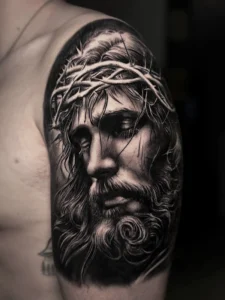 Realistic Jesus Christ tattoo done by Colombian tattoo artist Clayton Goethe